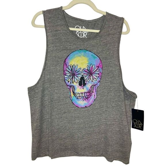 NWT Chaser Flower Skull Grey Racerback Tank - Picture 3 of 10